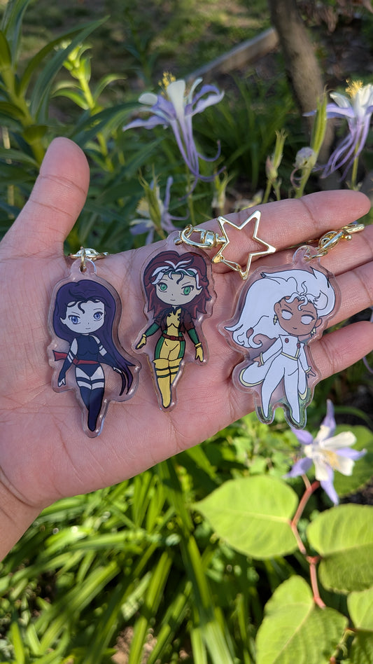 Mutant Heroine Trio Acrylic Keychain | Weather Queen, Psychic Ninja & Southern Powerhouse Inspired Charm