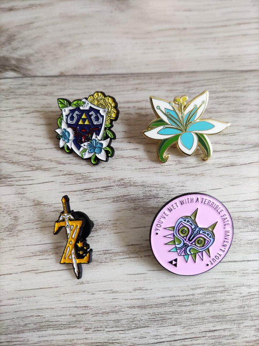 Zelda Inspired Pins , Silent Princess Pin, Zelda Shield Pin, Zelda Sword Pin, Majora's Mask Pin Gifts for Gamers