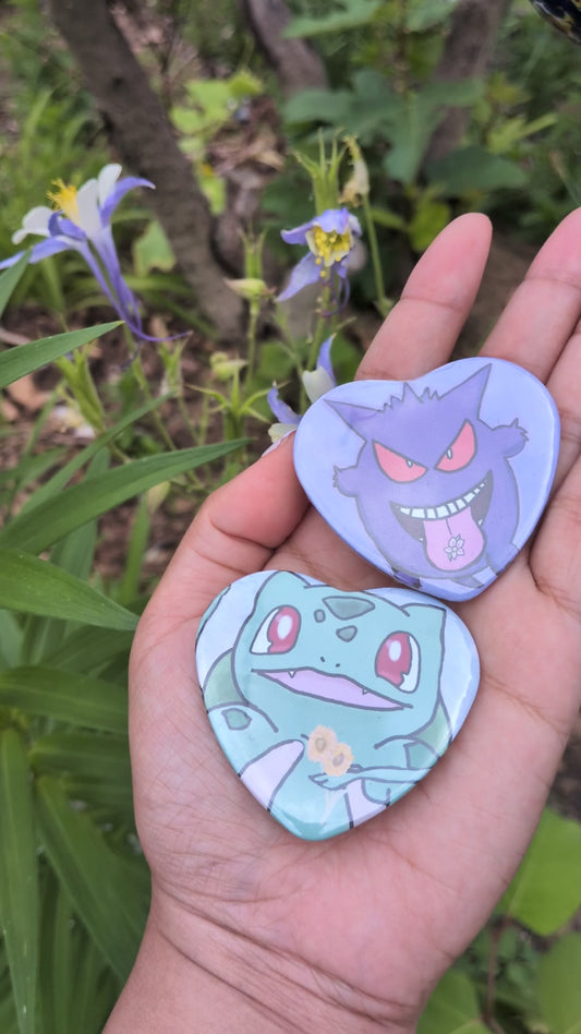 Bulbasaur & Gengar Heart Shaped Button